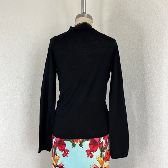 Prada Knit Wool Blend Rucjed V Neck Sheer Trim Self Tie Plunge Sweater - Picture 7 of 10